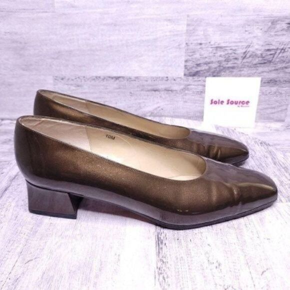Vaneli Patent Leather Block Kitten Heel 90's Pump Bronze Brown Women's sz 10 - Picture 1 of 8